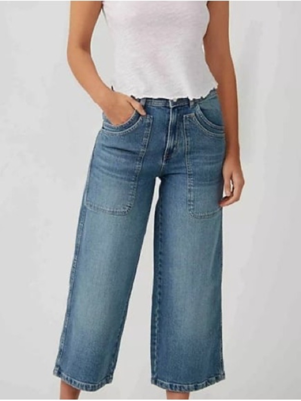 EUC We The Free People blue Mid-Rise Crop Wide Leg Jeans patch pockets size M 28 - Picture 3 of 9